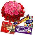 50 Pink and Red Roses with Assorted Cadburys Chocolate