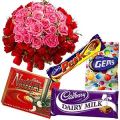 Soft Pink and radiant Red Roses with assorted Cadburys Chocolate