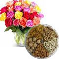 1 Kg. Assorted Dry Fruits with Bouquet of 24 Mixed Colour Roses