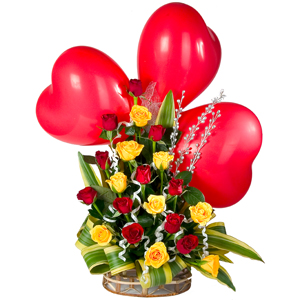 Multicolored Roses arrangement with Red heart shaped Balloons