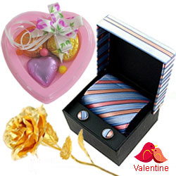 Comforting Set of Tie and Cufflink with 1 Golden Rose and 3 pcs Heart Homemade Chocolate
