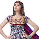 Pretty Blue and Red Crepe Unstitched Salwar Suit