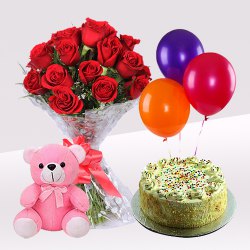Order Teddy with Vanilla Cake, Roses Bunch N Balloons