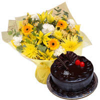 Deliver Assorted Flowers Bouquet N Truffle Cake