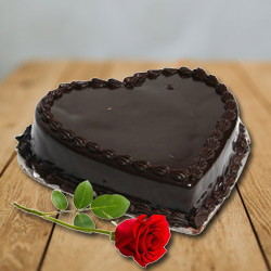 Send Heart-Shaped Choco Cake with Single Rose