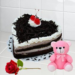 Deliver Heart-Shaped Black Forest Cake with Single Rose N Teddy