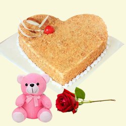 Sending Rose with Teddy N Heart Shaped Butter Scotch Cake