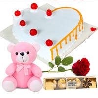 Online Vanilla Cake with Red Rose, Ferrero Rocher N Teddy