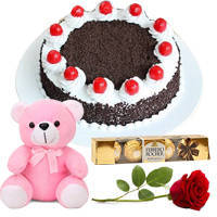 Deliver Eggless Black Forest Cake with Teddy, Rose N Ferrero Rocher