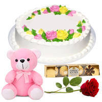 Sending Eggless Vanilla Cake with Rose, Teddy N Ferrero Rocher