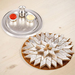 Luscious 1/2 Kg. Haldiram's Kaju Katli and 5-6 inch Silver Plated Puja Thali