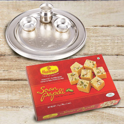Delicious Haldiram's Soan Papdi and 5-6 inch Silver Plated Puja Thali
