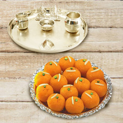 Silver plated Puja Thali with Silver Plated Lakshmi Ganesha with Haldiram’s Pure Ghee Ladoo