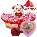 Spectacular Combo of Teddy and Chocolates with 1 Velvet Rose and 3 pcs Heart Homemade Chocolate