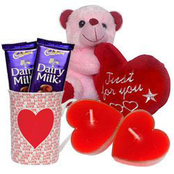 Valentine’s Day Combo of Teddy with Heart, Cadbury Chocolates, Heart Shape Candle n a Love Mug