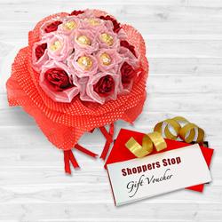 Extravagant Gift of Gift Coupon worth Rs.1000 from Shoppers Stop, Red Roses Bunch N 8 Pc. Ferrero Rocher Chocolate Bouquet