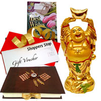 Stunning Gift Combo of Shoppers Stop Coupon, Feng Shui Laughing Buddha, 12 Pcs. Assorted Home Made Chocolates and Best Wishes Card