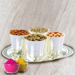 Dry Fruits in Silver Glass and Tray with free Gulal/Abir Pouch