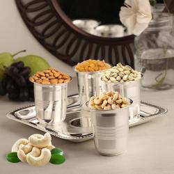 Delectable 200 gms. Dry Fruits in Silver Plated Glasses and a 7 inch Tray