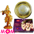 Intricate Krishna made of Sandalwood and Sweets Hamper