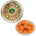 Delicious Haldiram Laddoo along with Designer Meenakari Subh Labh Stainless Steel Thali