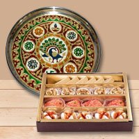 Wonderful Meenakari styled Subh Labh Stainless Steel Thali with Haldiram Assorted Sweets