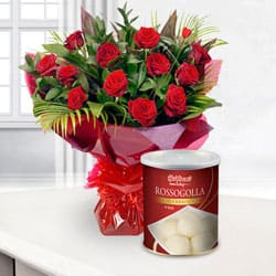 Gorgeous 12 Red Roses and 1 Kg. Haldiram Rasgulla
