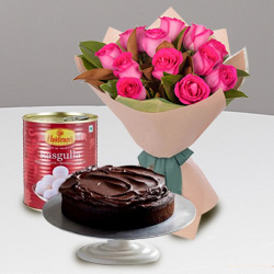 12 Red Roses and Haldiram Rasgulla with Eggless Cake 1 Kg.