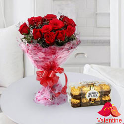 12 Exclusive Dutch Red Roses Bouquet with 16 pcs Ferrero Rocher