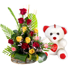 15 Mixed Roses Arrangement with Teddy bear