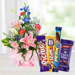 Online Assorted Flowers Arrangement with Mixed Cadbury Chocolates