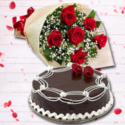Radiant Red Rose Hand Bunch and Chocolate Cake