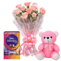 Exotic Pink Rose Hand Bunch, Small Teddy and Mini Cadbury Celebration