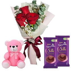 Saggy Small Teddy, Roses and Dairy Milk Silk Chocolate Bars