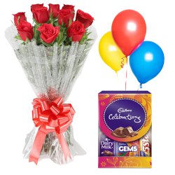 Little Luxury Gift of Red Roses Bouquet, Balloons and Cadbury Celebration Mini