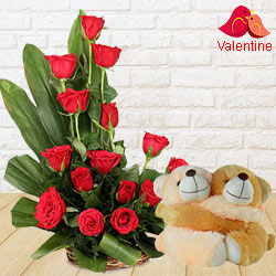 Breathtaking Arrangement of Red Roses and Twin Teddy