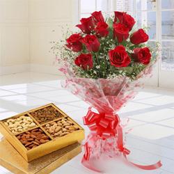 Joyful Bouquet Decked with Dozen Red Roses with Assorted Dry Fruits