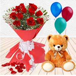 Rejoicing Love Gift Threesome of Red Roses, Balloon and Teddy