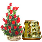 1/2 Kg. Assorted Sweets with 18 Red Roses Basket