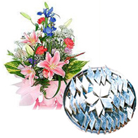 Kaju Barfi with Seasonal Flowers Bouquet