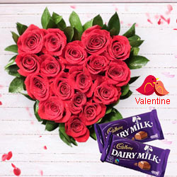 Red Roses in Heart Shape Arrangement with Cadbury Dairy Milk