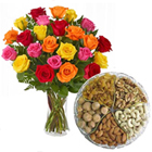 1 Kg. Assorted Dry Fruits with Bouquet of 24 Mixed Colour Roses
