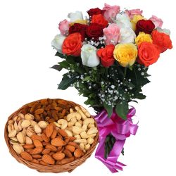 Exotic 1 Kg. Dried Fruits Assortment and Two Dozen Flashy Roses with Love