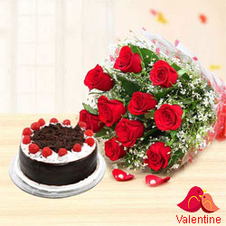 12 Red Rose Bunch with Black Forest Cake