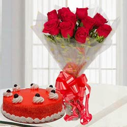 Send Online Red Roses Bouquet with Red Velvet Cake