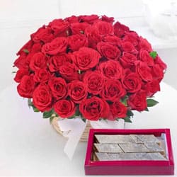 Astounding Red Roses with yummy Kaju Barfi