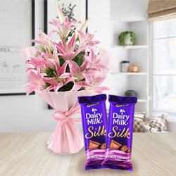 Sending Oriental Pink Lilies Bouquet with Dairy Milk Silk