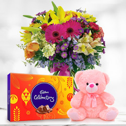 Sending Mixed Flowers with Cadbury Celebrations N Teddy