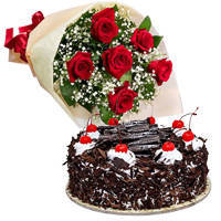 Gift Black Forest Cake N Red Roses Bouquet