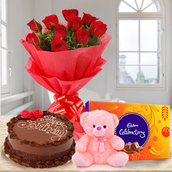 Order Roses Bouquet with Chocolate Cake, Teddy N Cadbury Celebrations